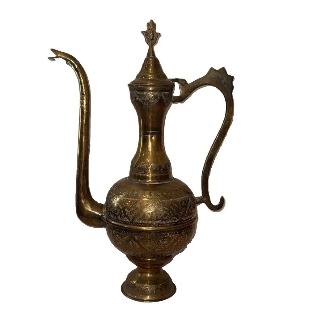 VTG LARGE HEAVY Brass Etched Aftaba Pot Ewer Pitcher 22